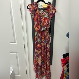 Express Maxi Dress with tropical print. Wear off the shoulders. Worn one time.